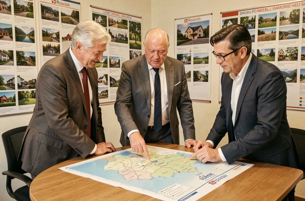 Équipe d'agents du réseau Imogroup collaborant autour d'une carte de l'Isère dans leur agence indépendante