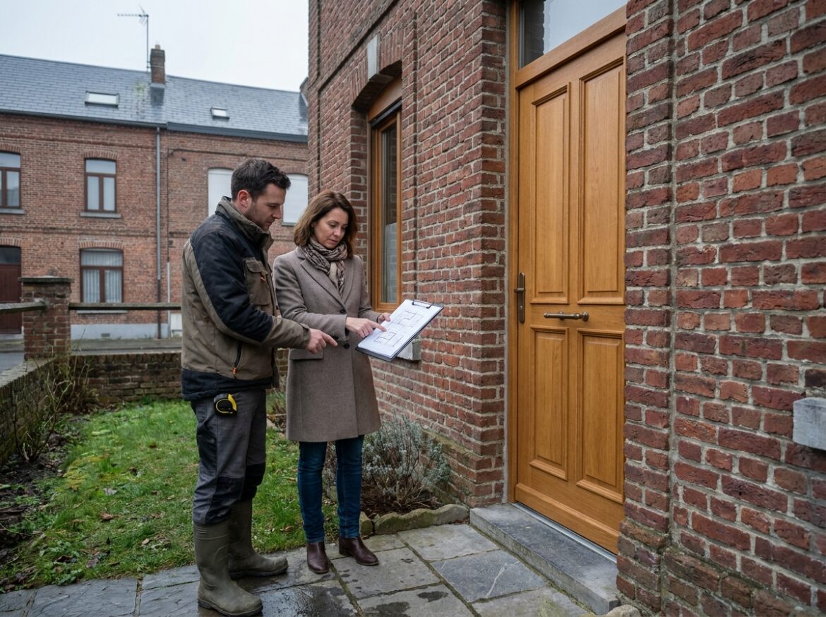 Menuisier et client examinant une porte en chêne installée sur une maison en brique à Calais