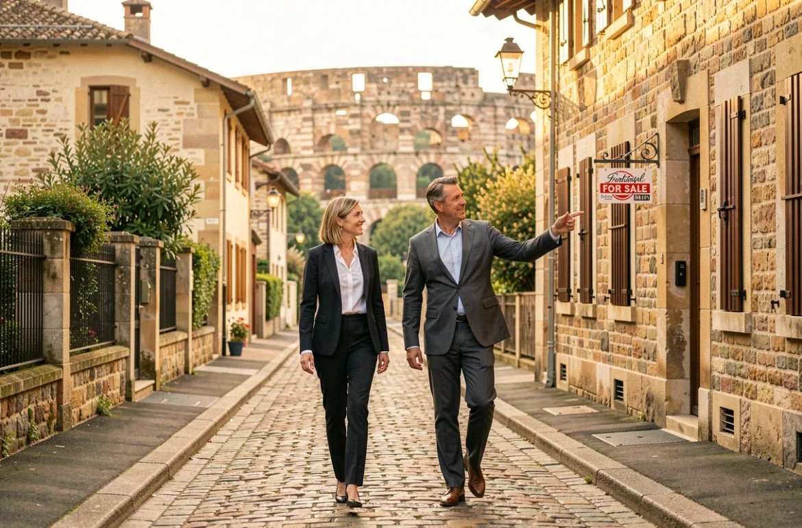 Agente Laforêt Immobilier accompagnant des acquéreurs dans une rue résidentielle de Vienne dans le Nord-Isère
