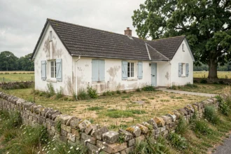 Maison de plain-pied modeste avec terrain en milieu rural, façade blanche et volets bleus, jardin non entretenu avec mur en pierre