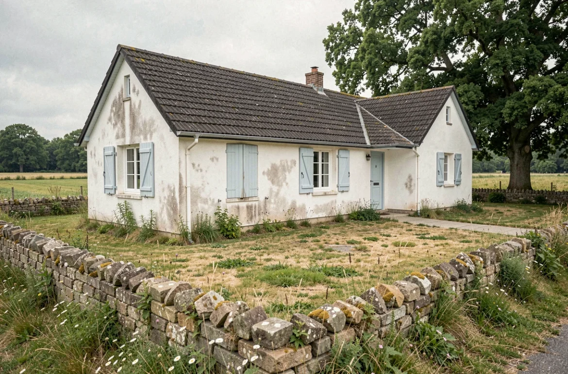 Maison de plain-pied modeste avec terrain en milieu rural, façade blanche et volets bleus, jardin non entretenu avec mur en pierre