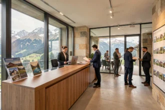 Vue d'ensemble d'une agence immobilière moderne en Isère avec paysage alpin en arrière-plan