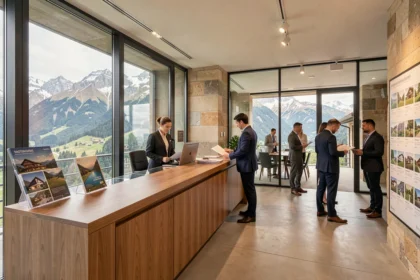 Vue d'ensemble d'une agence immobilière moderne en Isère avec paysage alpin en arrière-plan