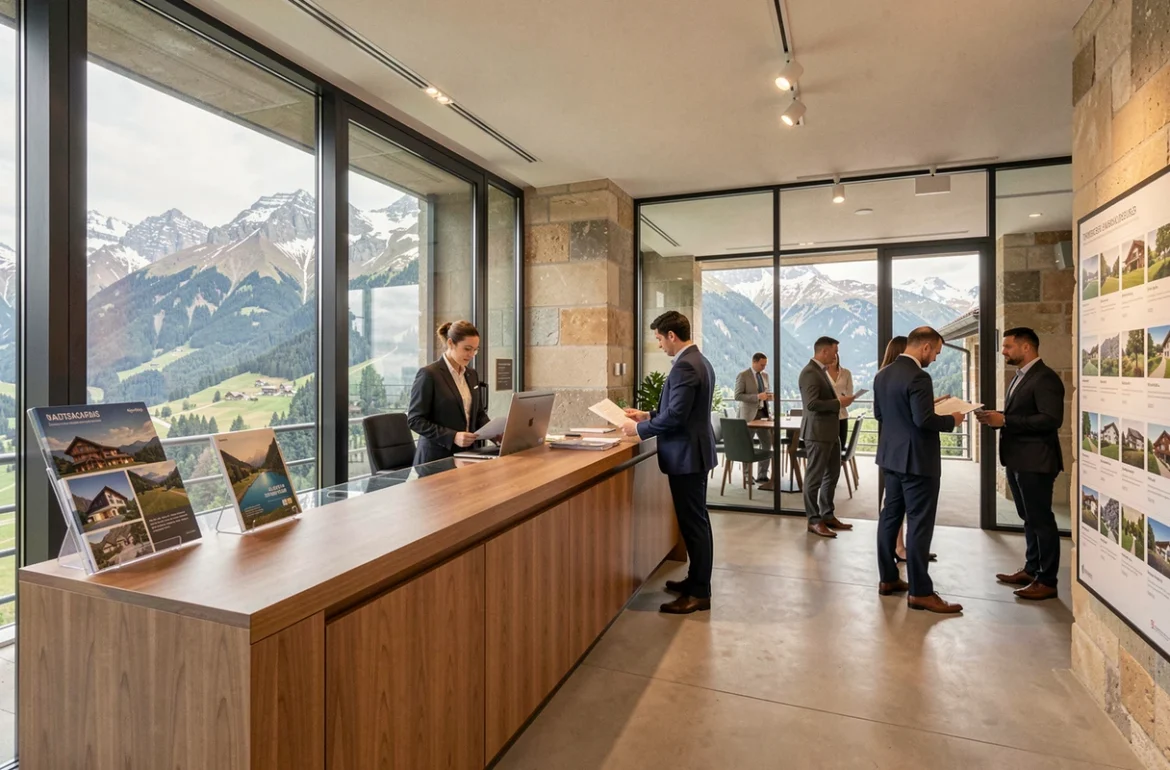 Vue d'ensemble d'une agence immobilière moderne en Isère avec paysage alpin en arrière-plan
