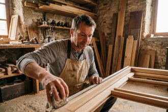 Menuisier professionnel mesurant un cadre de fenêtre en bois dans un atelier de menuiserie à Calais