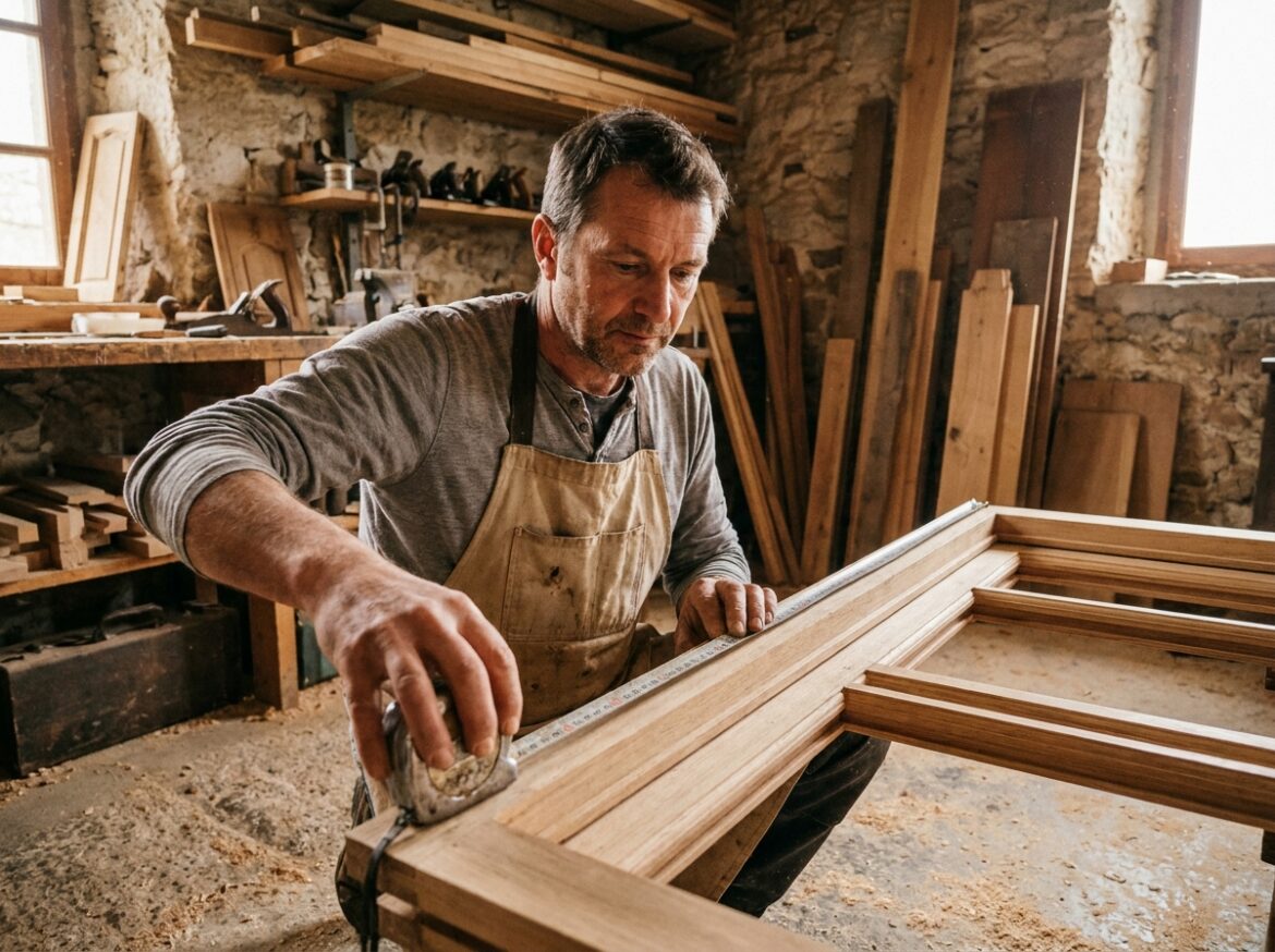 Menuisier professionnel mesurant un cadre de fenêtre en bois dans un atelier de menuiserie à Calais