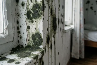 Moisissures noires et verdâtres sur un mur intérieur humide avec peinture décollée, expertise moisissures logement