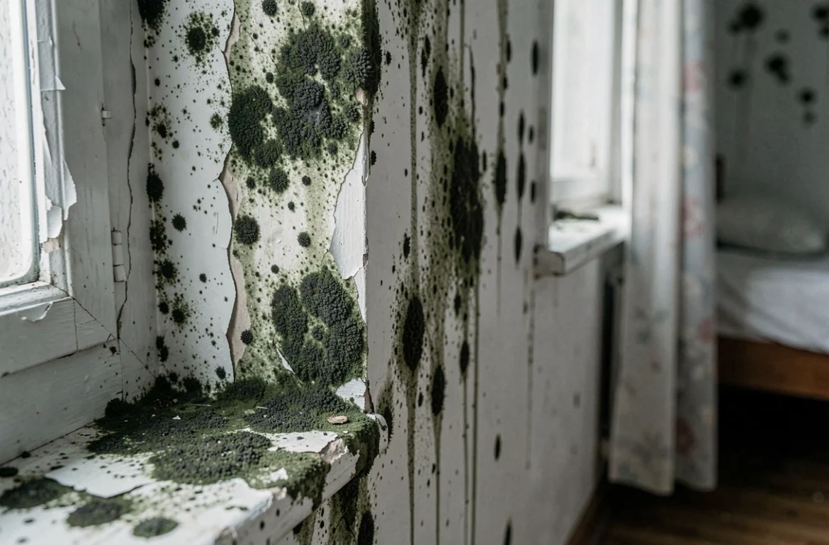 Moisissures noires et verdâtres sur un mur intérieur humide avec peinture décollée, expertise moisissures logement