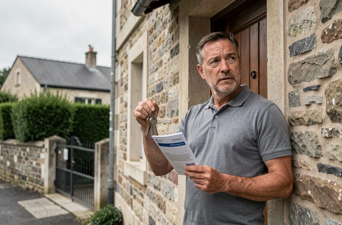 Propriétaire devant sa maison tenant des clés et une brochure d'assurance habitation