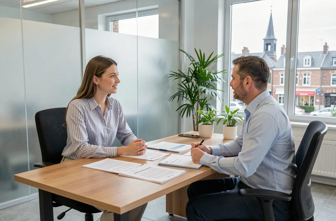 Jeune femme en rendez-vous avec un conseiller en assurance habitation dans une agence à Angers