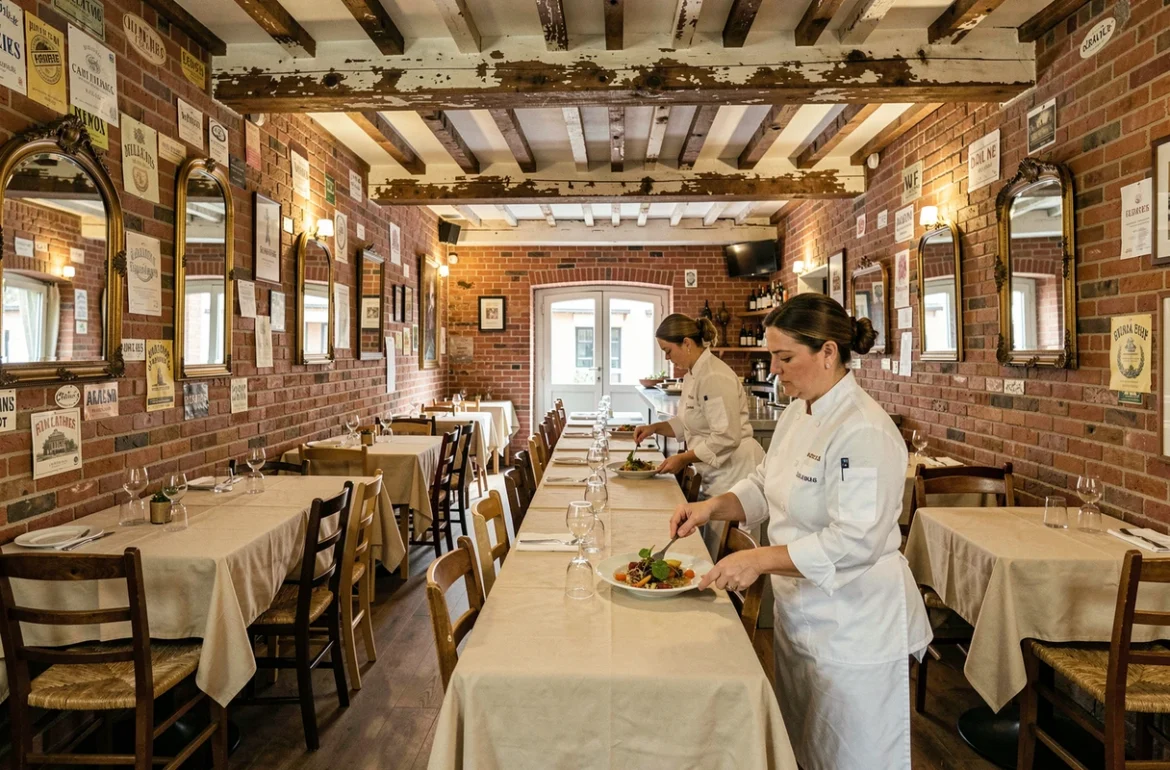 Chef cuisinière en train de dresser une assiette dans un restaurant intimiste aux murs en briques apparentes dans le quartier Carmes de Toulouse