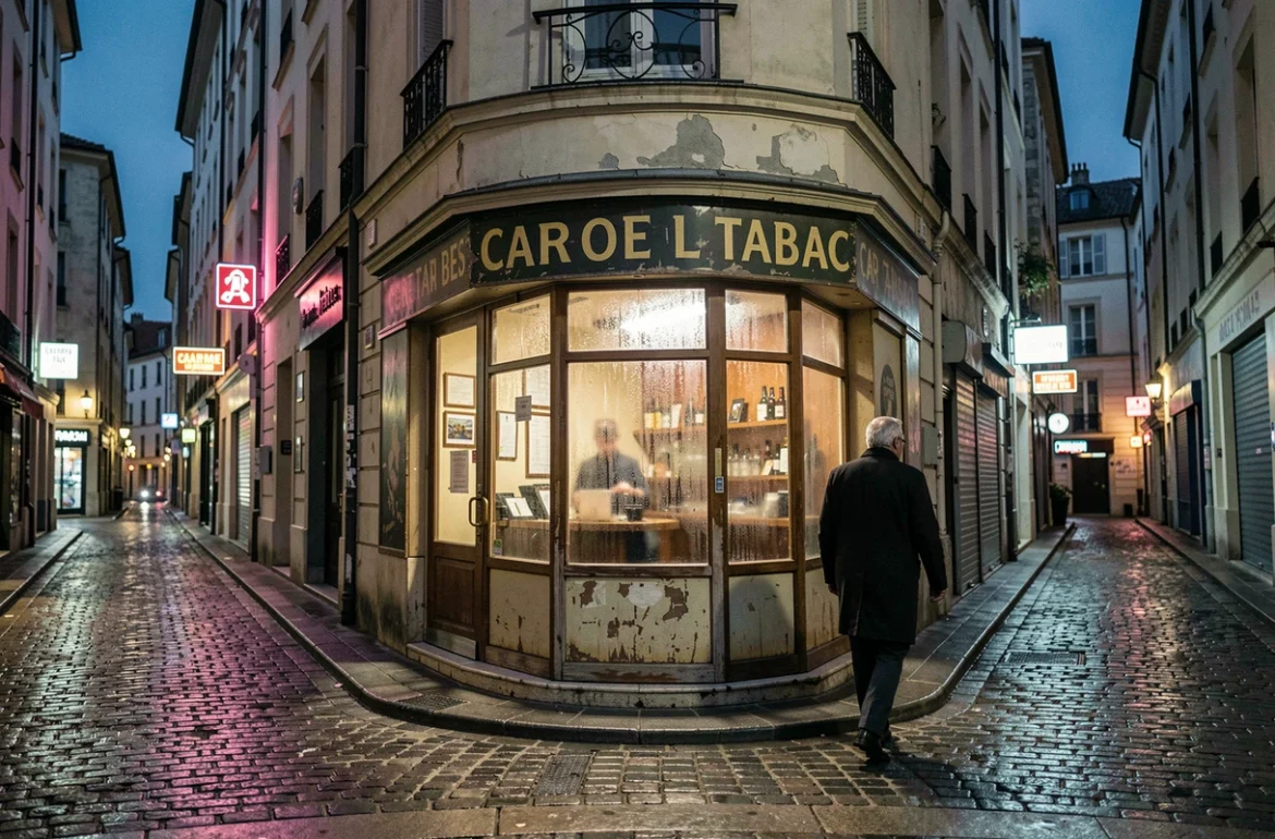 Rue pavée déserte la nuit dans le quartier des Carmes à Toulouse avec un bar-tabac éclairé et un passant solitaire sous la pluie