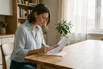 Femme signant un contrat d'assurance habitation à une table en bois dans un appartement moderne