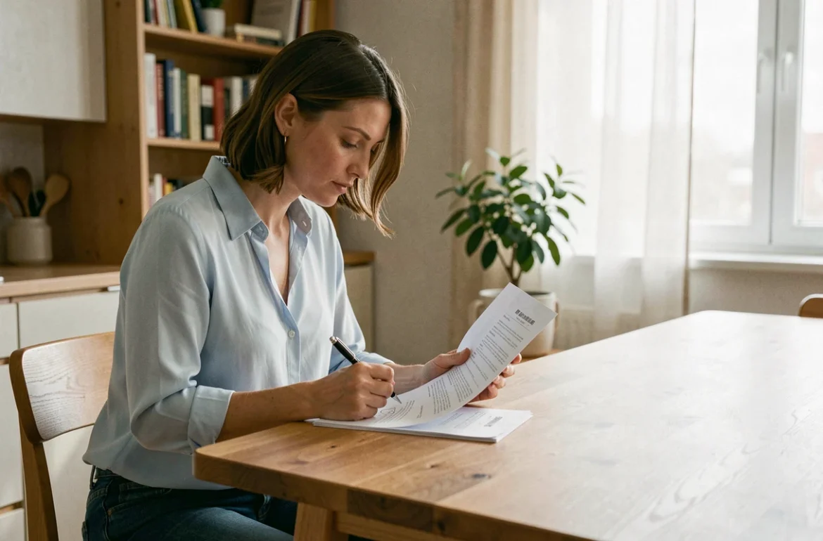 Femme signant un contrat d'assurance habitation à une table en bois dans un appartement moderne