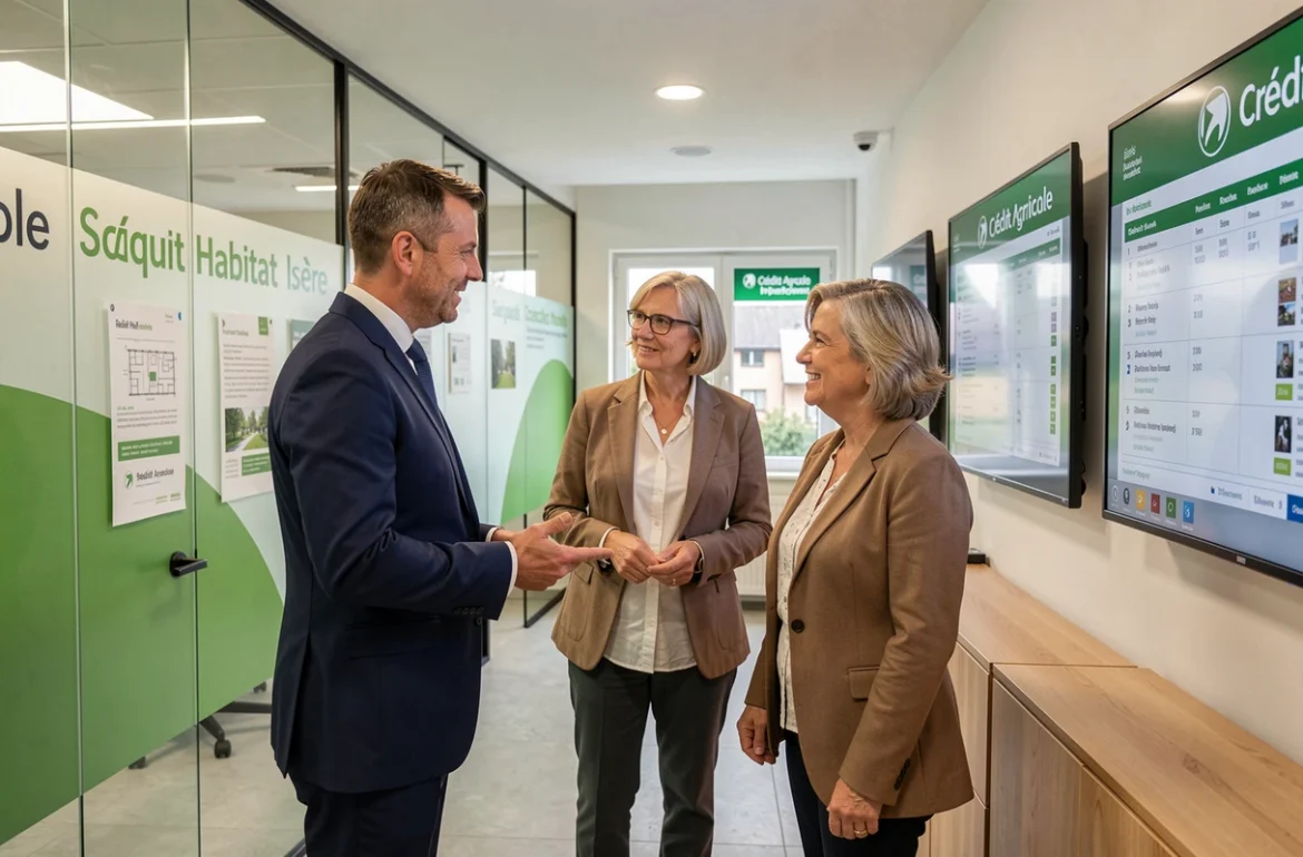 Conseiller Square Habitat du Crédit Agricole accompagnant des clients dans une agence immobilière en Isère