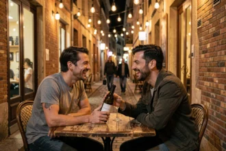 Deux amis attablés en terrasse dans le quartier des Carmes à Toulouse la nuit, partageant un verre de vin dans une ruelle pavée animée