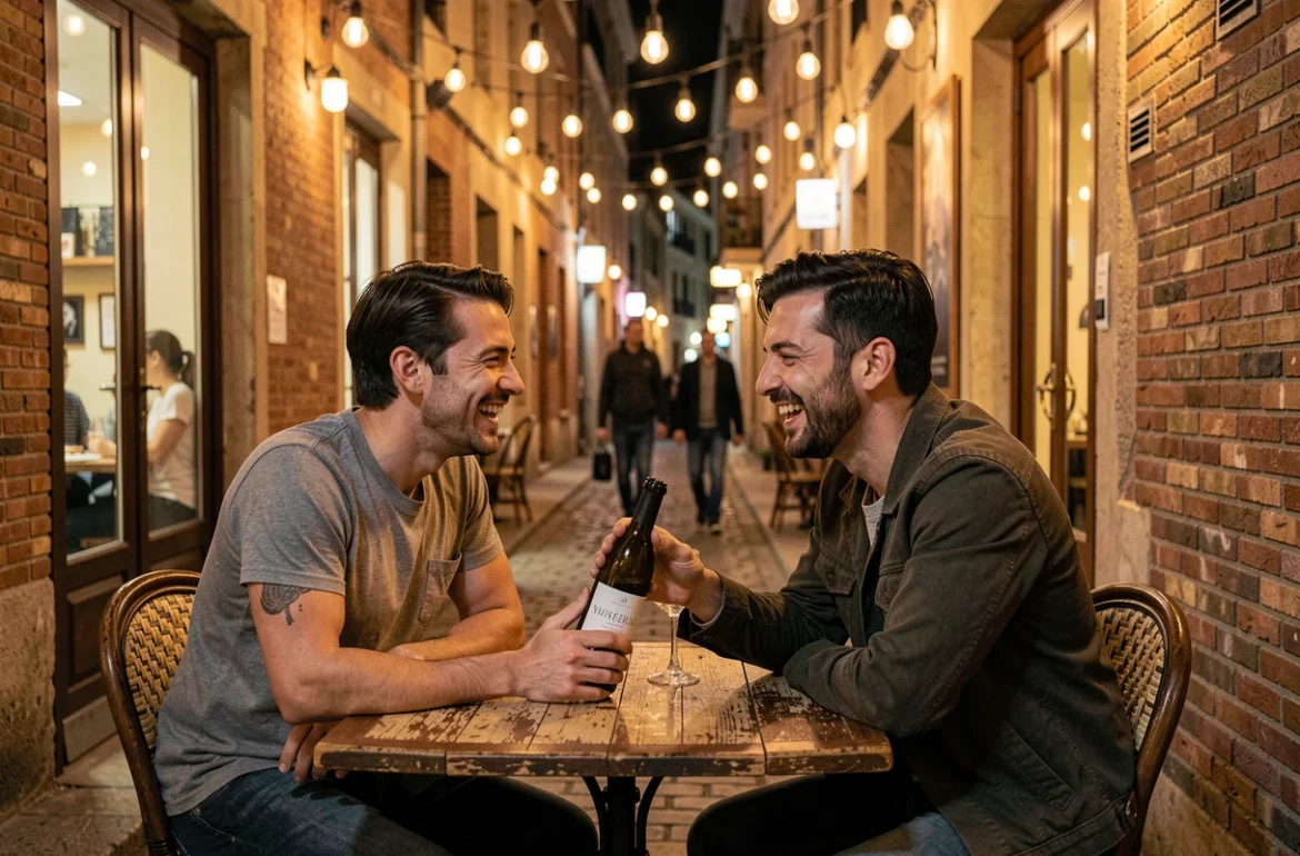 Deux amis attablés en terrasse dans le quartier des Carmes à Toulouse la nuit, partageant un verre de vin dans une ruelle pavée animée
