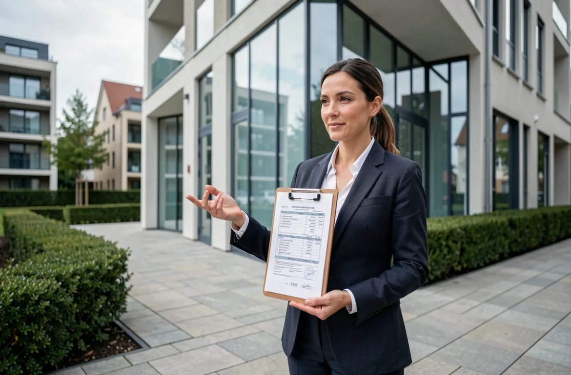Agent immobilière présentant un contrat de leasing immobilier devant un immeuble résidentiel moderne en milieu urbain