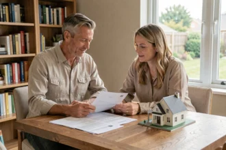 Couple examinant un contrat de location avec option d'achat immobilier à la maison, documents et maquette de maison sur la table