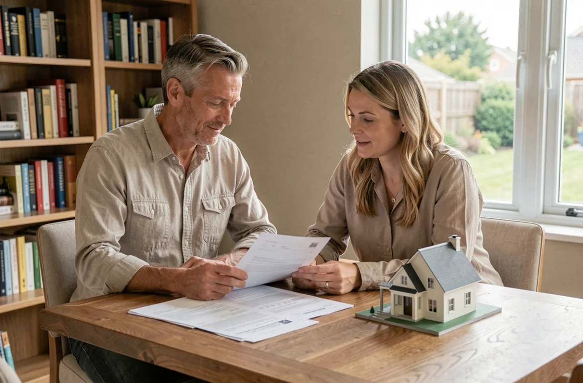 Couple examinant un contrat de location avec option d'achat immobilier à la maison, documents et maquette de maison sur la table