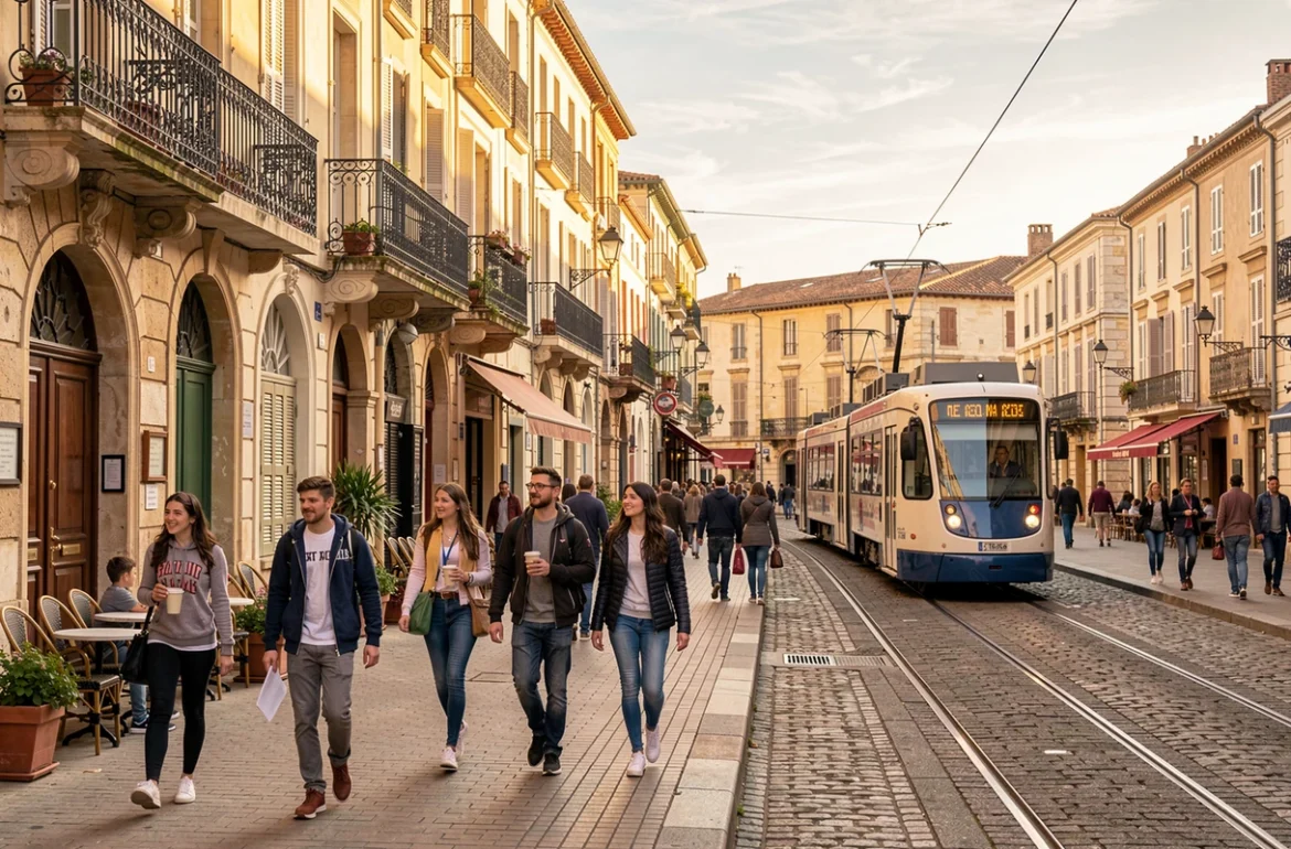 Rue étudiante de Montpellier avec le tramway